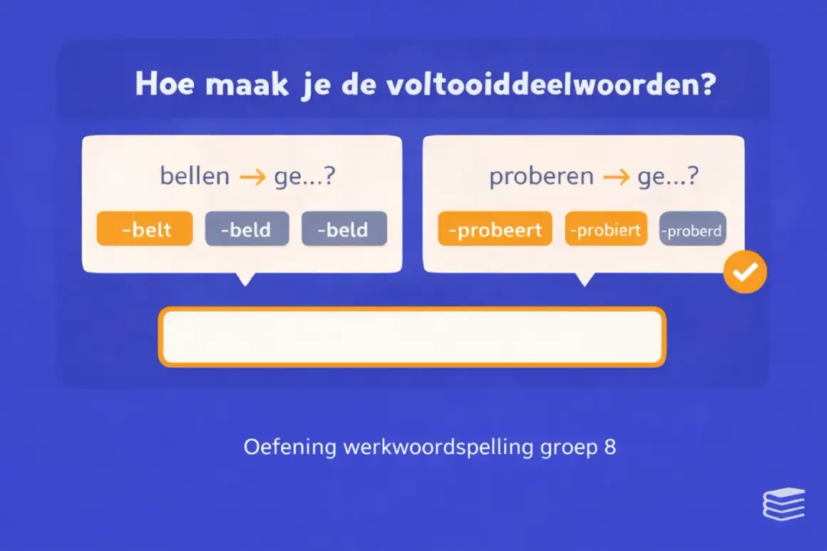 Oefening werkwoordspelling groep 8: hoe maak je voltooid deelwoorden? Kies het juiste antwoord voor 'bellen' en 'proberen'.