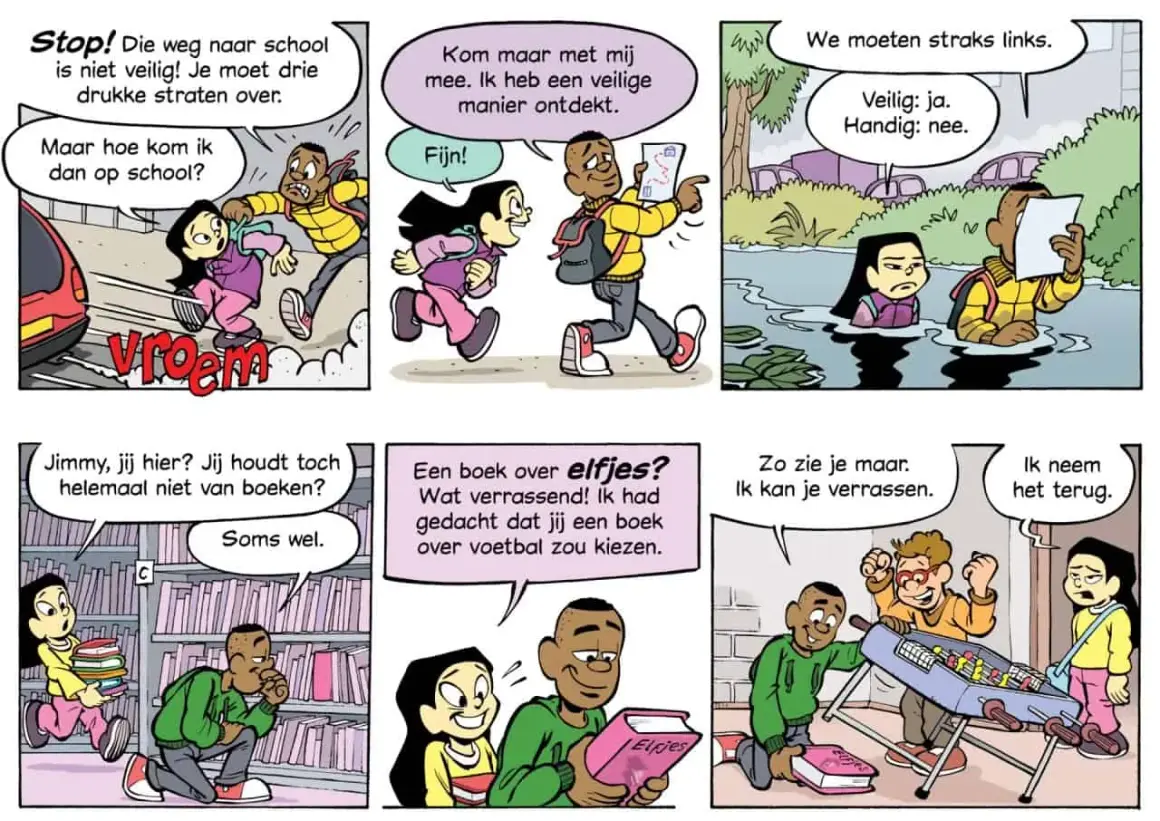 Kinderen vinden leesboeken groep 4, ontdekken een veilige route naar school en spelen tafelvoetbal.