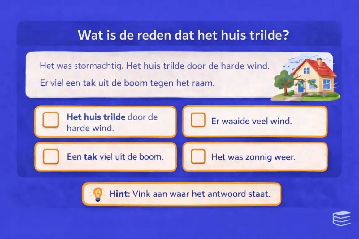 Oefening technisch lezen groep 4: het huis trilde door de harde wind. Kies het juiste antwoord.