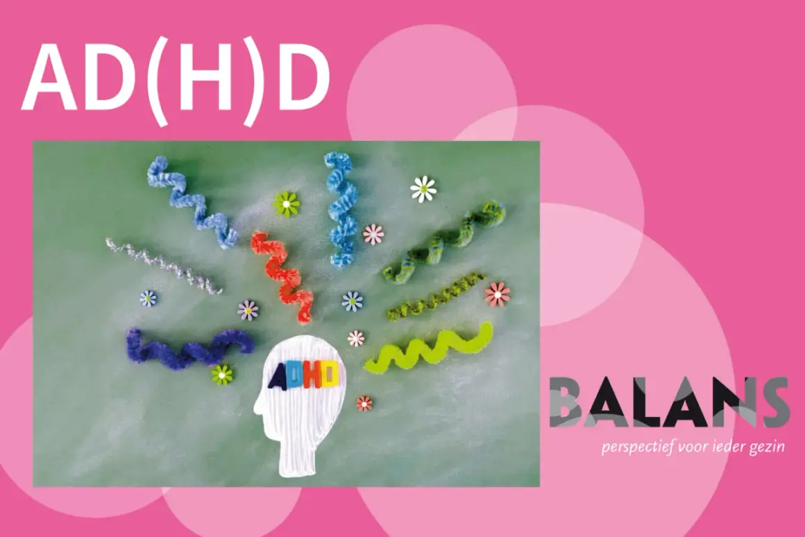 ADHD-richtlijn: een hoofd met de letters ADHD, omringd door kleurrijke, kronkelende vormen en bloemen. Balans: perspectief voor ieder gezin.