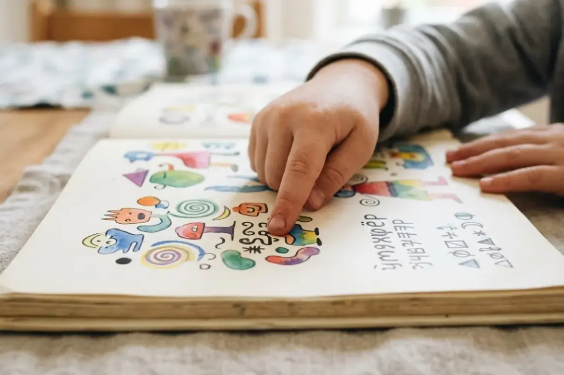A child's hand points to colorful drawings in an open book.