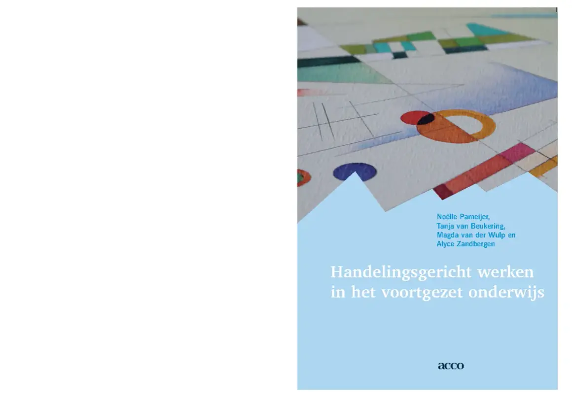 Boek "Handelingsgericht werken in het voortgezet onderwijs" door Noëlle Pameijer en anderen, met abstracte kunst op de cover.