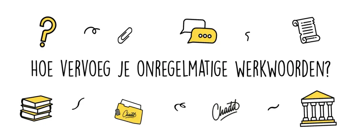 Vraagtekens, boeken en een gebouw helpen je om onregelmatige werkwoorden te verwerven betekenis.