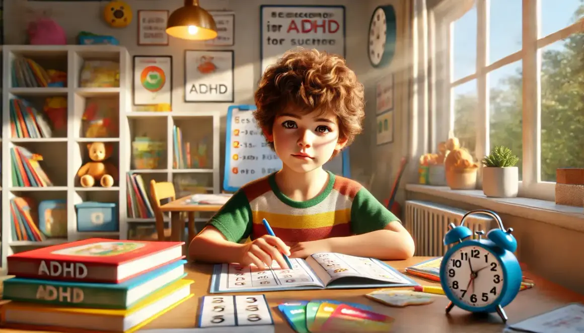 Jongen met ADHD worstelt met lezen. Boeken en kaarten met ADHD-thema liggen op tafel.