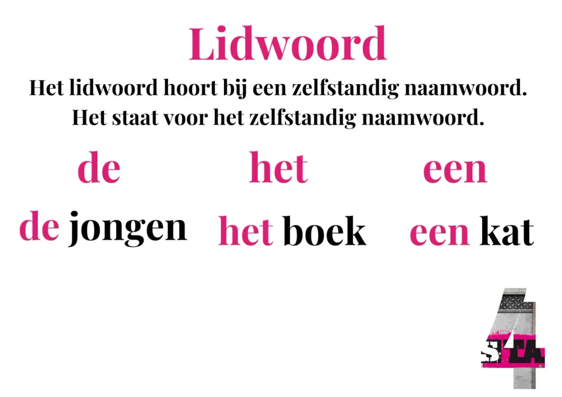 Lidwoorden zoals 'de', 'het' en 'een' horen bij een zelfstandig naamwoord. Ze geven aan of het gaat om 'de jongen', 'het boek' of 'een kat'.