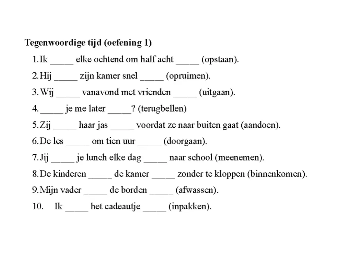 Oefening met dictees: vul de juiste werkwoorden in de tegenwoordige tijd in.