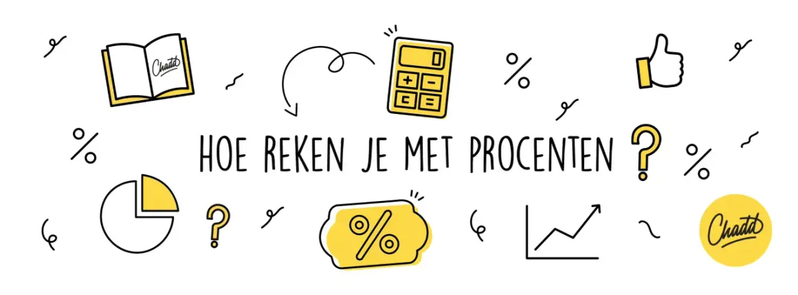 Hoeveel procent is iets van iets? Leer het met deze illustratie vol met procenten, een rekenmachine, grafieken en een boek.