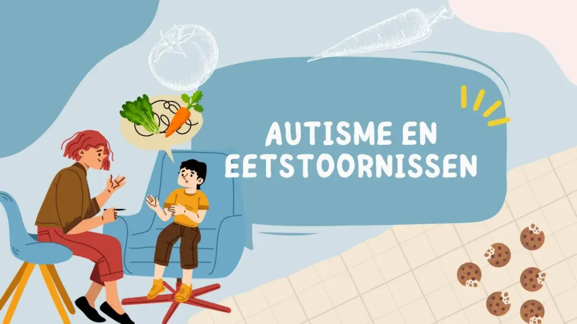 Een therapeut praat met een jongen over **autisme en eetproblemen**. Groenten en koekjes symboliseren de uitdagingen.