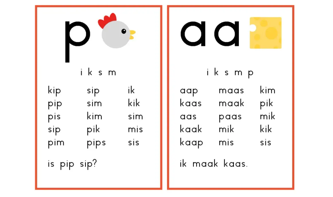 Werkblad 'Veilig leren lezen kern 1' met de letters p en aa. Oefen woorden zoals 'kip' en 'kaas'.