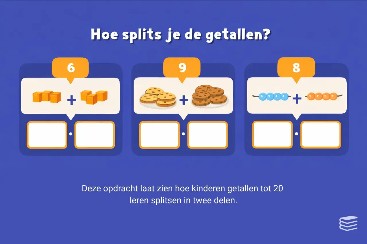 Werkblad splitsen: blokjes, koekjes en kralen worden gebruikt om getallen op te splitsen. Kinderen leren zo getallen tot 20 splitsen.