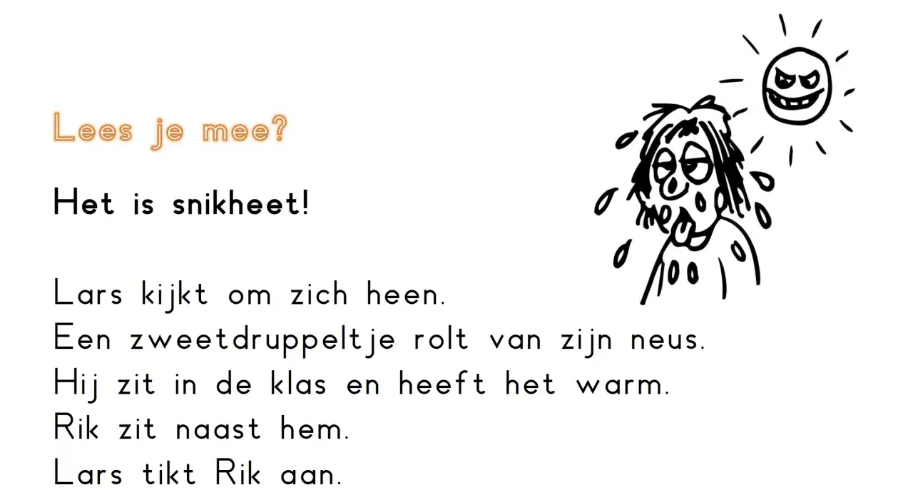 Tekst voor begrijpend lezen groep 4: Lars zweet in de klas. Een boze zon kijkt toe.
