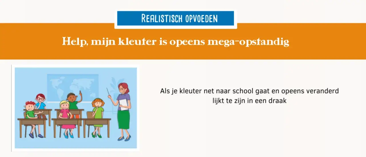 Klaslokaal met kinderen en lerares. Een jongen toont oppositioneel gedrag, met een boze uitdrukking en gebalde vuisten.