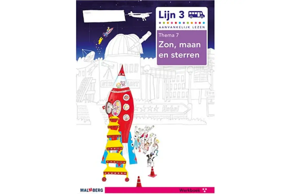 Werkboek Lijn 3, Thema 7: Zon, maan en sterren. Kinderen en een hondje bij een raket, klaar voor een avontuur. Veilig leren lezen met de zon als thema.