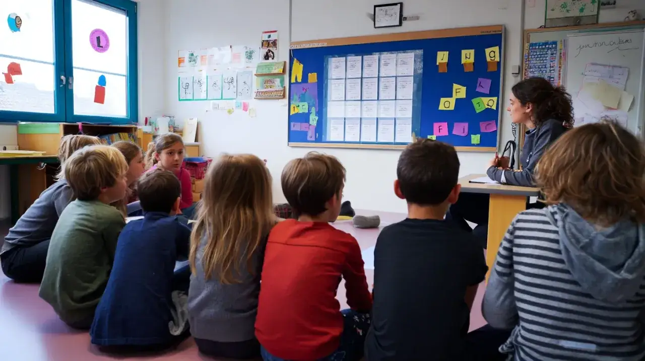 Kinderen luisteren aandachtig naar de lerares in een klaslokaal, waar de principes van traumasensitief onderwijs zichtbaar zijn op het bord.