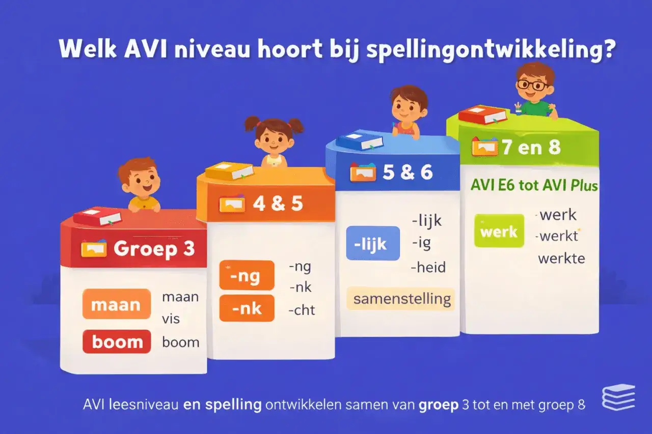 Kinderen leren lezen en spellen, van groep 3 tot en met groep 8, met AVI niveaus die passen bij hun leeftijd.