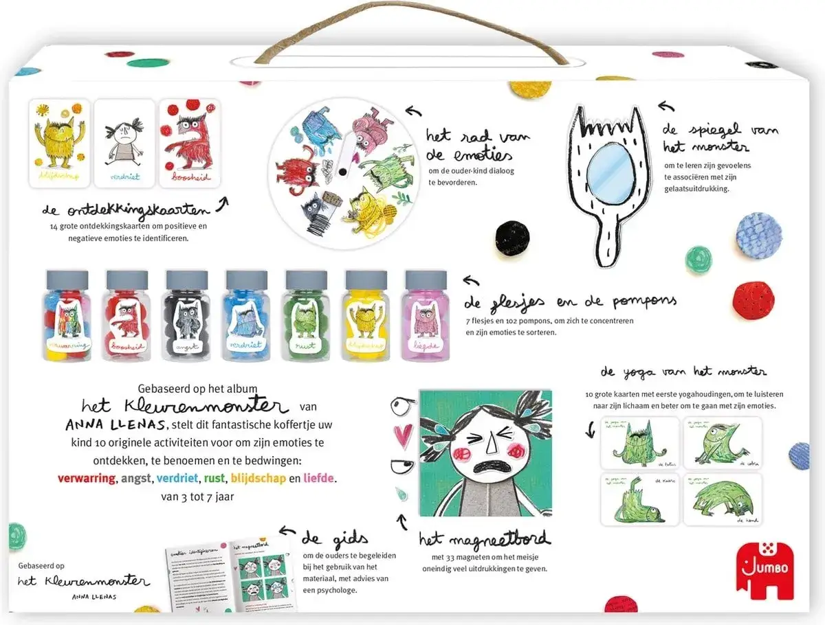 Kleurmonsters emoties: ontdekkingkaarten, rad van emoties, flesjes met pompons, spiegel, magneetbord en yogakaarten helpen kinderen hun gevoelens te uiten.
