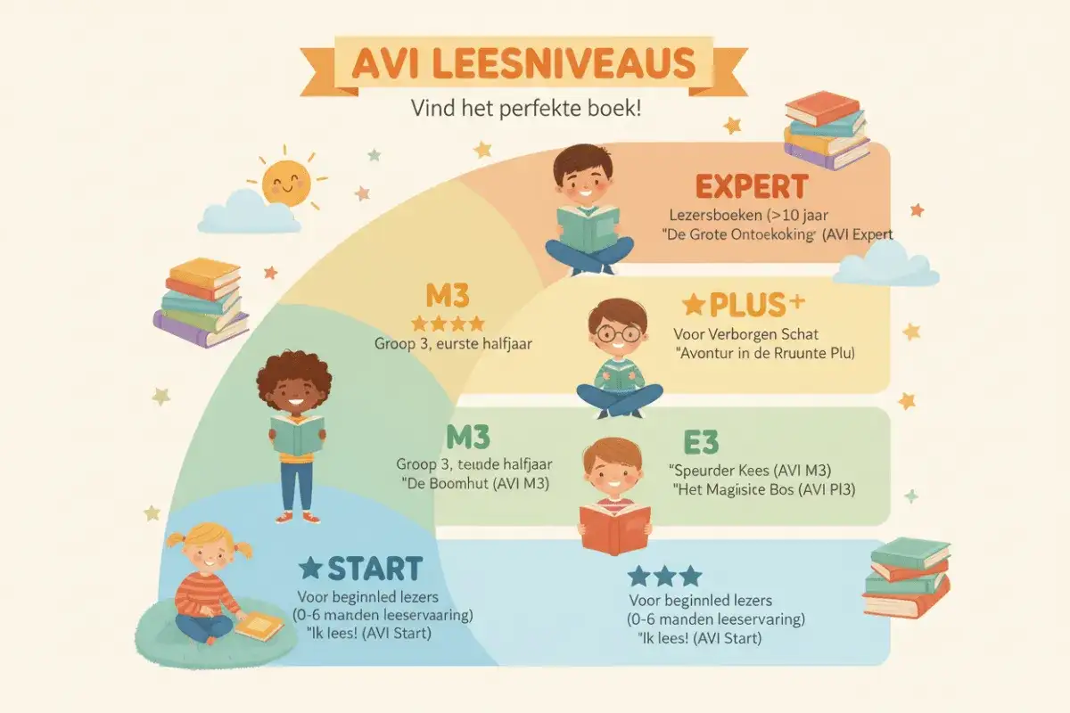 Vrolijke illustratie met kinderen die lezen, ingedeeld naar AVI-leesniveaus. Van START tot EXPERT, elk kind vindt hier een passend boek.