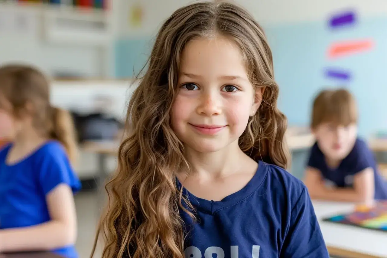 Een meisje met krullend haar lacht, terwijl ze in de klas zit. Ze lijkt niet te lijden aan onderprikkeling bij ADHD.