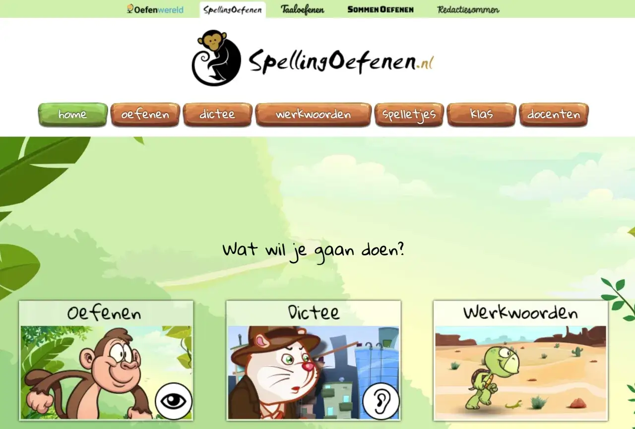 Een website voor taal oefenen op de basisschool met een aap, kat en schildpad. Kies oefenen, dictee of werkwoorden.