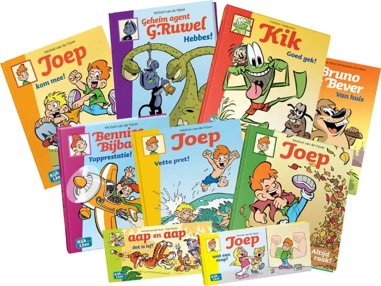 Vrolijke kinderboeken van Michiel van de Vijver en Gerben Valkema, zoals 'Joep' en 'Kik', die leesplezier bevorderen.