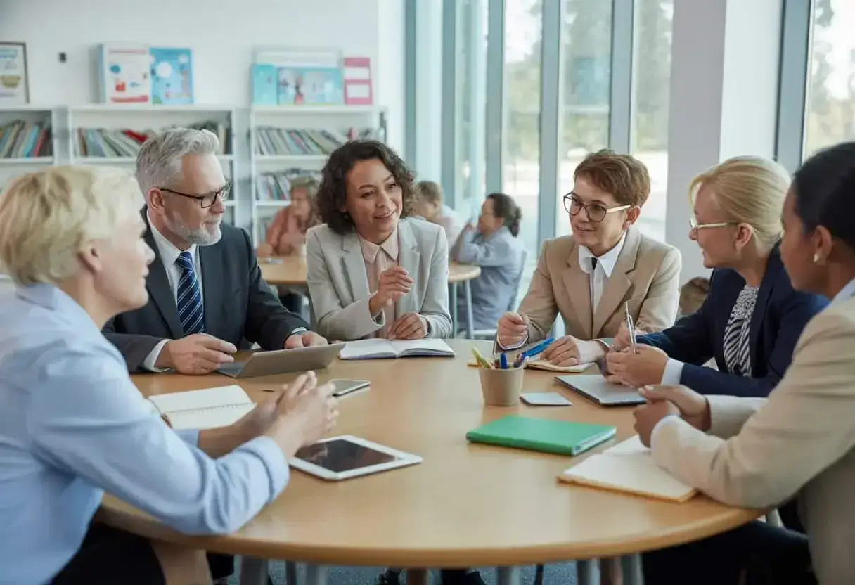 Groep professionals bespreekt wat mag een school wel en niet doen, met tablets en notitieblokken op tafel.