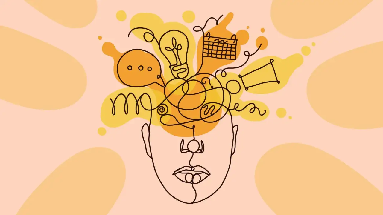 Een hoofd met een wirwar aan lijnen, symbolen en idee&euml;n, illustreert hoe ontstaat adhd: een brein vol prikkels.