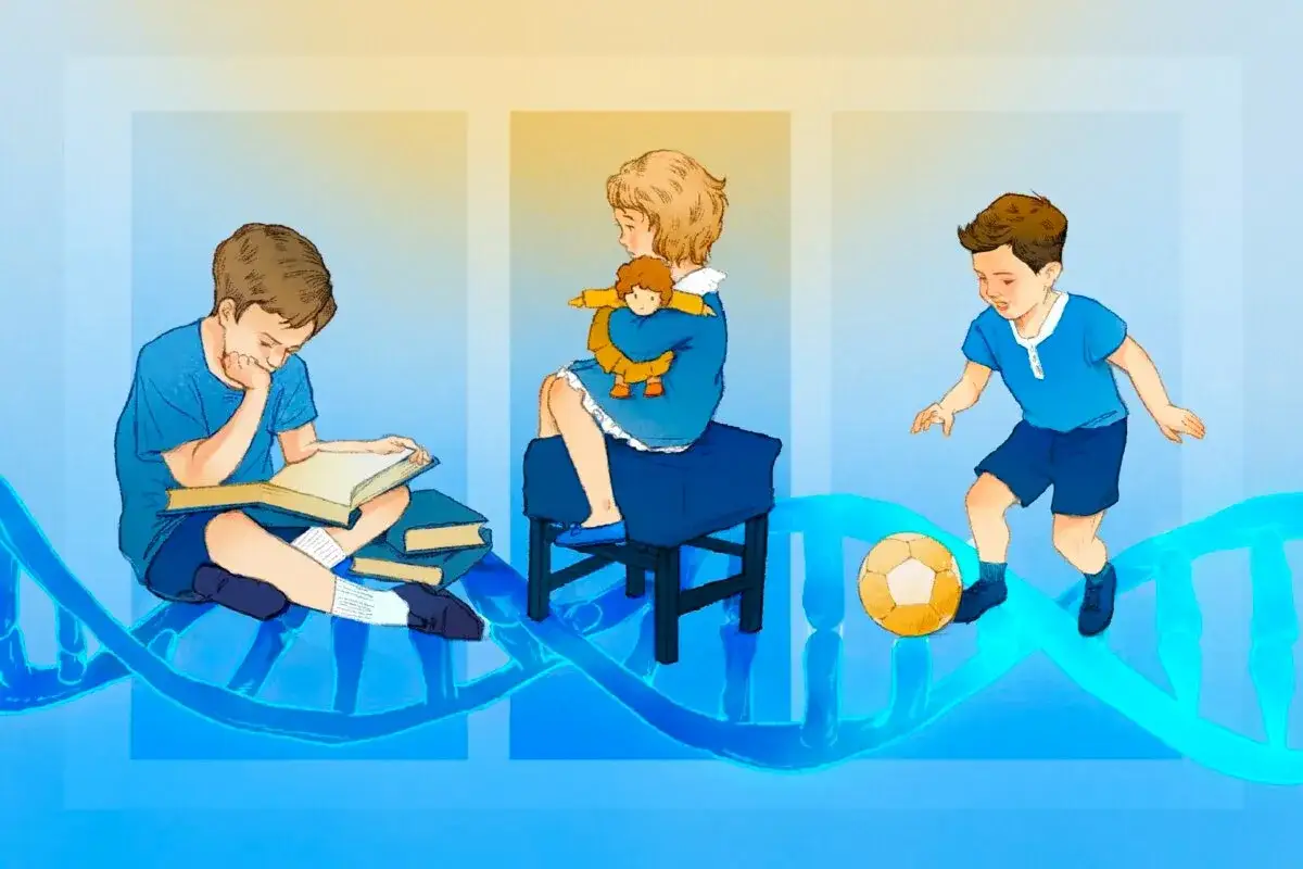 Kinderen met pdd-nos erfelijk, elk met een eigen activiteit, omringd door DNA-structuren.