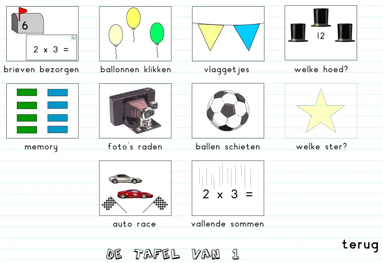 Spelletjes om tafels te automatiseren: brieven bezorgen, ballonnen klikken, vlaggetjes, hoeden, memory, foto's raden, ballen schieten, sterren, auto race en vallende sommen.
