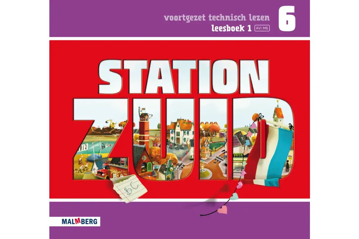 Leesboek 1, AVI M6: Station Zuid. Een kleurrijke illustratie van een dorp met huizen, een vuurtoren en een vlag.