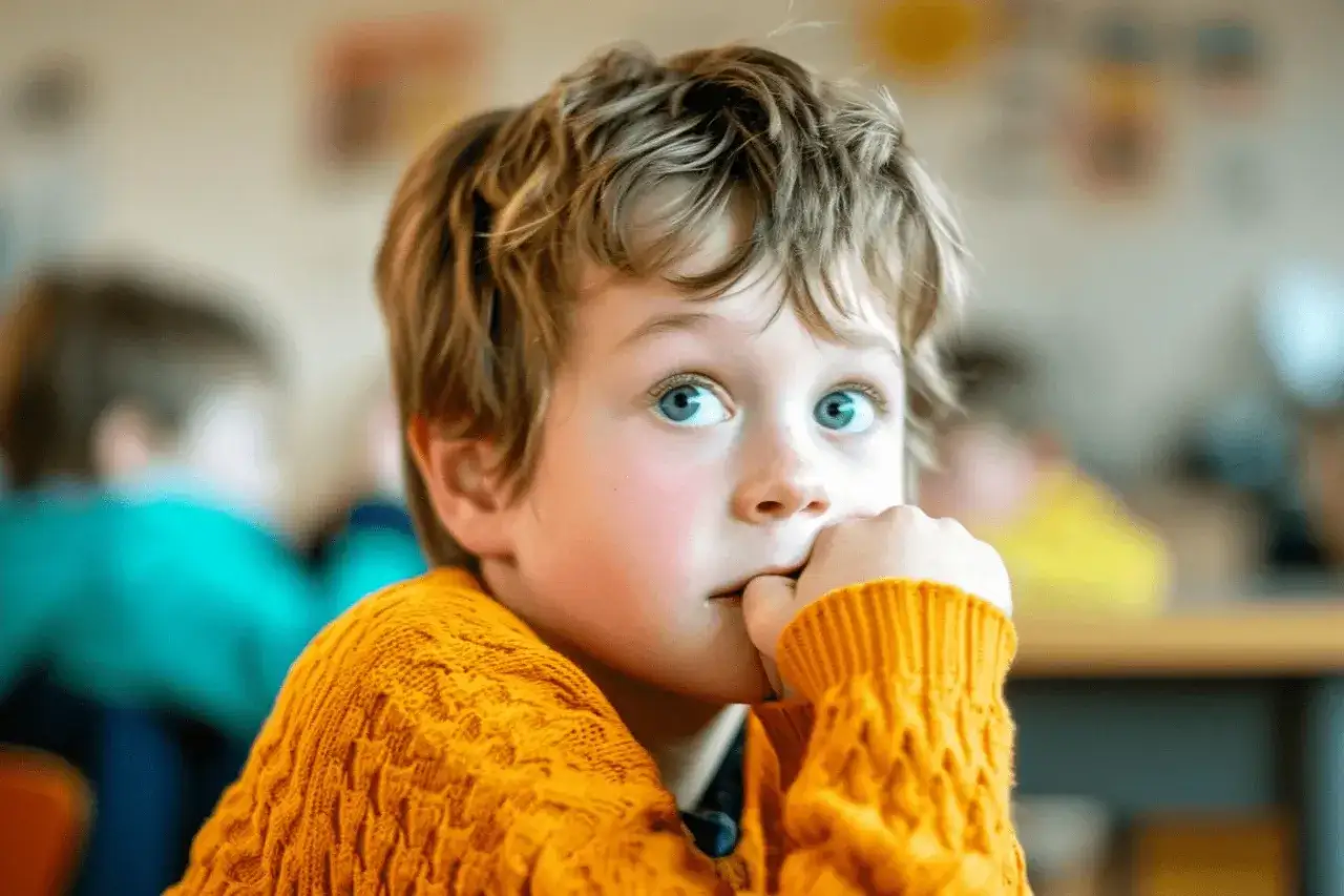 Jongen met blauwe ogen, hand voor de mond, draagt een oranje trui. Hij lijkt nadenkend, misschien om overprikkeling te voorkomen.