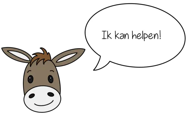 Een schattig ezeltje met een spraakballon zegt: "Ik kan helpen!". Misschien kan het dametje met de centimeter meten.