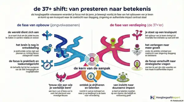 Schema over de 37+ shift: van presteren naar betekenis. Illustreert de overgang van opbouw naar verdieping, met aandacht voor hoogbegaafd kind gedragsproblemen.