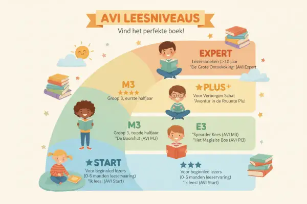 Overzicht van AVI leesniveaus met kinderen en boeken. Van START tot EXPERT, ontdek wat is AVI uit en welk boek past.