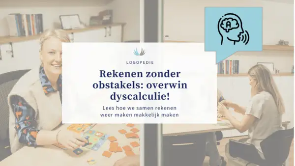 Twee vrouwen spelen een spel met rekenkaarten. De tekst benadrukt hoe ze samen dyscalculie overwinnen, met een focus op cijferend aftrekken.