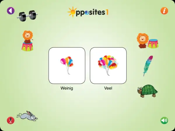 Een circusleeuw met weinig ballonnen tegenover een circusleeuw met veel ballonnen. Leer kleuters over tegenstellingen.