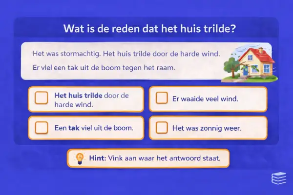 Oefening technisch lezen groep 4: het huis trilde door de harde wind. Kies het juiste antwoord.