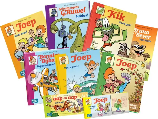 Een stapel vrolijke kinderboeken, waaronder "Joep" en "Kik", die het leesplezier bevorderen.