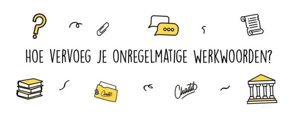 Vraagtekens, boeken en een gebouw helpen je om onregelmatige werkwoorden te verwerven betekenis.