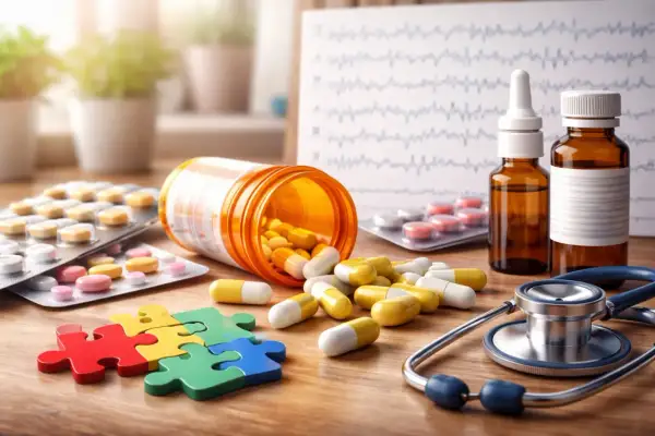 Medicatie bij overprikkeling autisme: pillen, flesjes, puzzelstukjes en een stethoscoop op een houten tafel.
