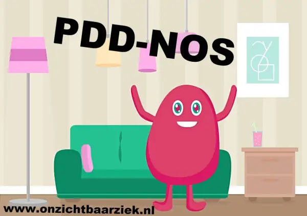 Een vrolijk roze figuur met grote ogen staat voor een bank. Boven hen staat de tekst PDD-NOS.