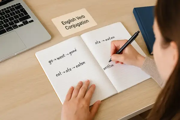 Iemand schrijft Engelse werkwoorden op, zoals 'go', 'went', 'gone'. De uitzonderingen in het Engels leren is belangrijk.