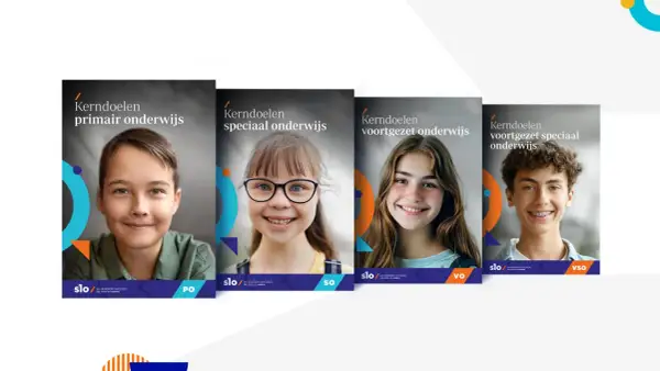 Vier covers met kinderen, elk met de titel 'Kerndoelen' en een onderwijstype: primair, speciaal, voortgezet en voortgezet speciaal onderwijs.